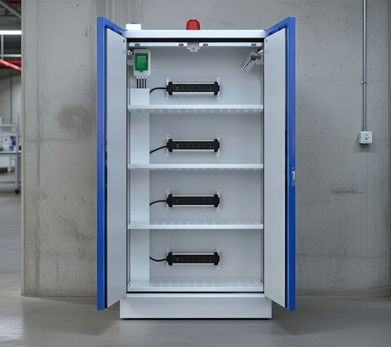 Armoire de sécurité lithium dans un entrepôt